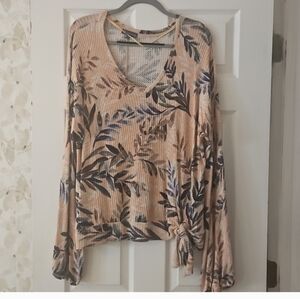 Democracy Beige and Blue Leaf Print Blouse